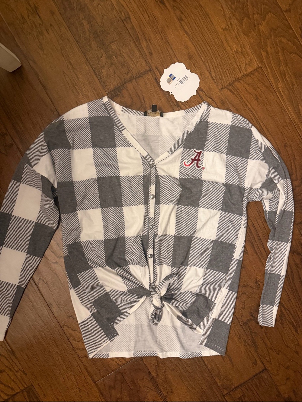 Alabama Gray & White Plaid Button-Front Knot Top